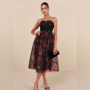 Black Floral Organza Mesh Strapless Midi Dress from Lulus